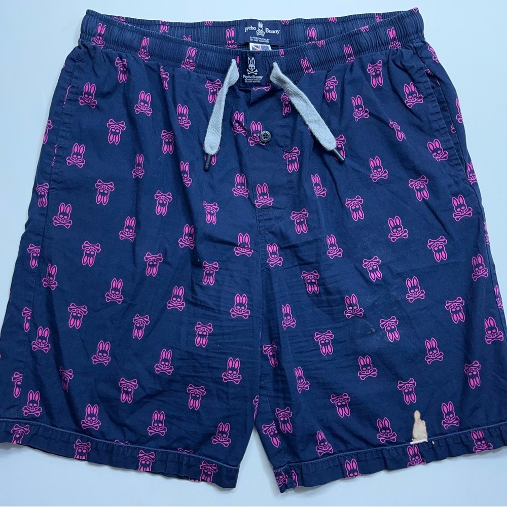 Psycho Bunny Shorts Mens Size Medium Blue Pink All Over Print Bleach Stains 🤬